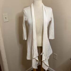 White House Black Market White Ribbed Open Front Draped Cardigan Sweater Size L
